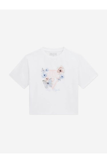 Guess Girls Flower and Butterfly Logo T-Shirt in White