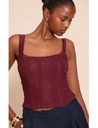 Wine Lace Detail Strappy Cropped Corset Top - 3