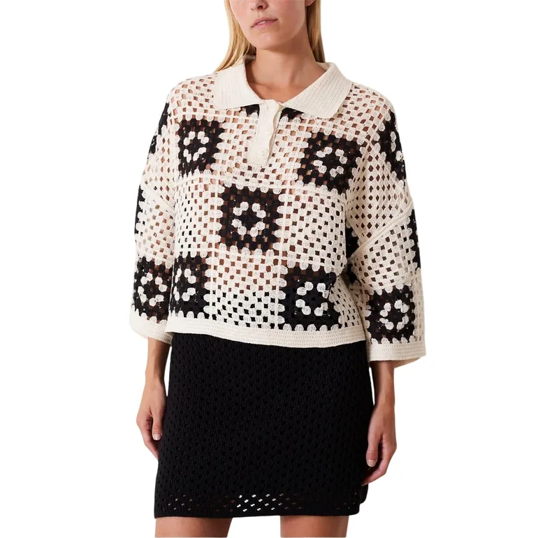 Edited Womens/Ladies Anaya Crochet Polo Shirt - Black/Cream