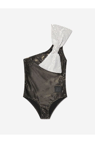 Girls One Shoulder Bow Swimsuit in Black