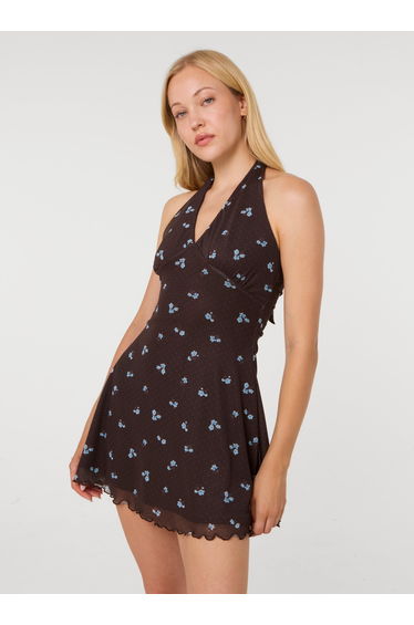 Floral Polka Dot Mesh Halter Dress