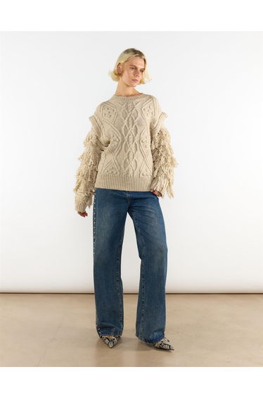 Ecru Marl Fringe Sleeve Cable Knit Jumper