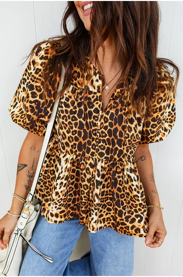 Lvness Leopard Print Short Puff Sleeve Slit Neck Babydoll Blouse