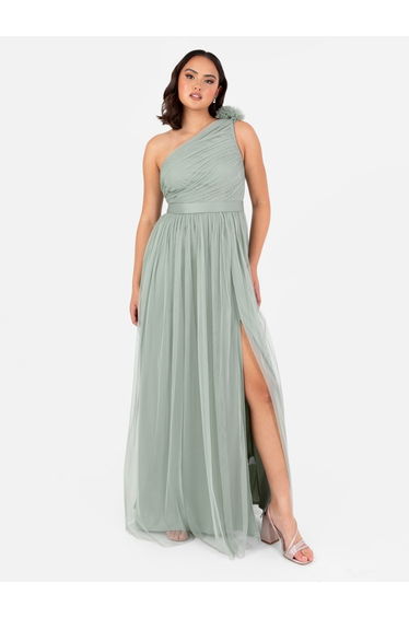 Anaya With Love Recycled Frosty Green Ruffled One Shoulder Maxi Dress with Sash Belt
