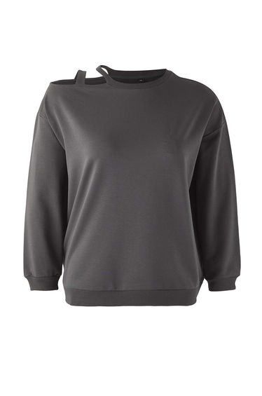 Anthracite Crew Neck Cut Out Detailed Knitted Plus Size Sweatshirt