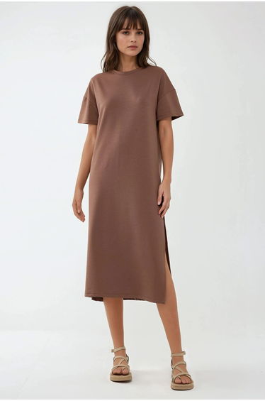 Relaxed Fit Midi Dress with Crew Neck