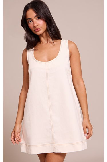 Petite Ecru Denim Sleveless A-line Mini Dress
