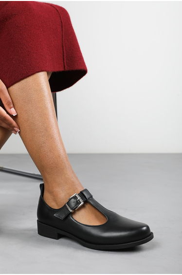 Keely Girl's School T-Bar Buckle Mary Jane Shoes In Black Faux Leather