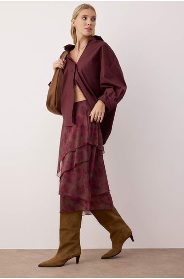 Burgundy Ruffled Abstract Patterned Knitted Skirt