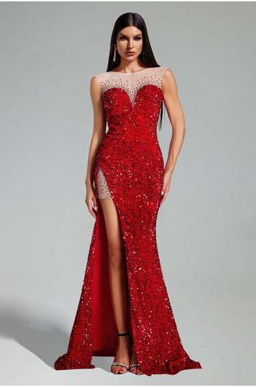 Page Sequins High Slit Maxi Dress - Red