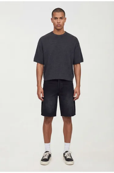Oversized Boxy Ribbed Plated Knitted T-Shirt - charcoal