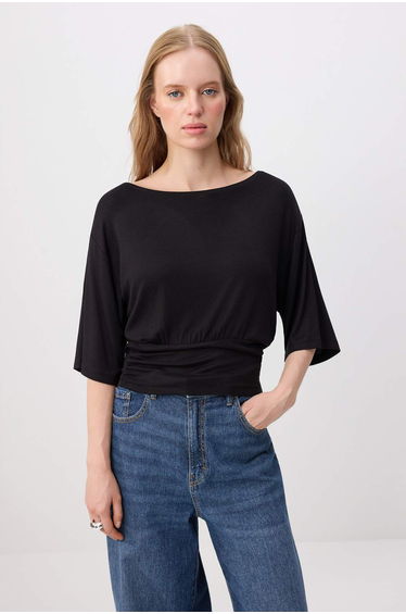 Black-Ecru 2-Pack Regular/Normal Fit Asymmetric Collar Stretch Knitted Blouse