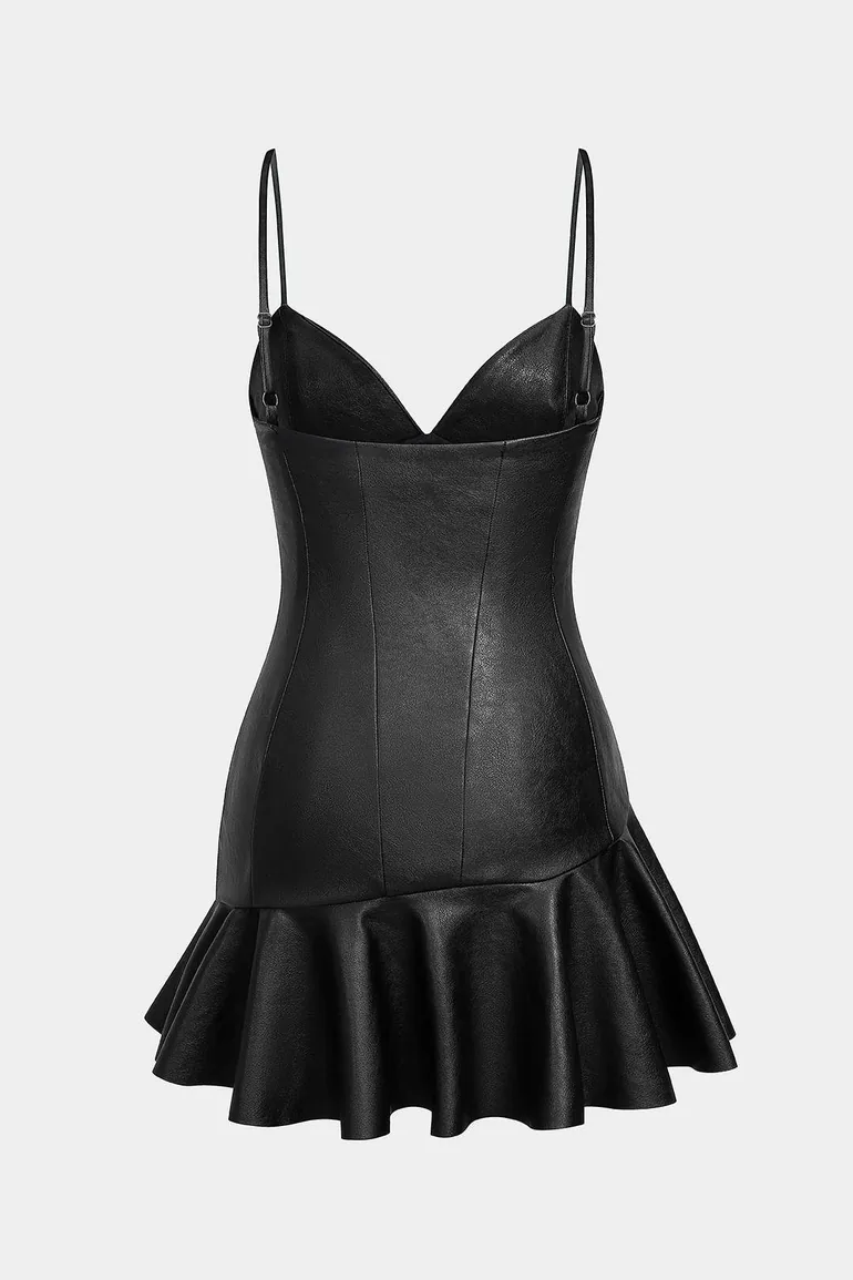 Faux Leather Asymmetrical Ruffle Hem Slip Sleeveless Mini Dress - 2