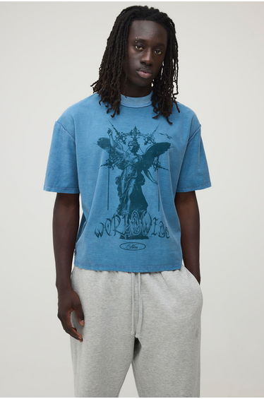 Washed Slate Oversized Boxy Exposed Seam Renaissance Print T-Shirt - slate blue