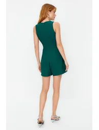 Green Mini Short Skirt Belt Detailed Woven Jumpsuit - 5
