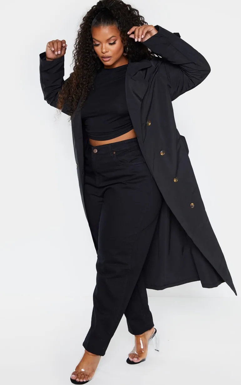 Plus Black Oversized Button Down Trench Coat - 3