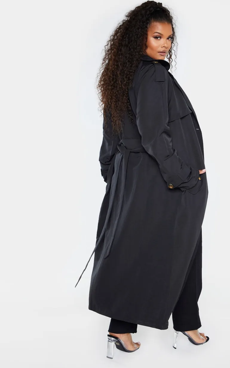 Plus Black Oversized Button Down Trench Coat - 1