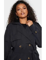 Plus Black Oversized Button Down Trench Coat - 4
