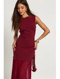 فستان ماكسي بحواف شفافة بلا أكمام - أحمر - 3