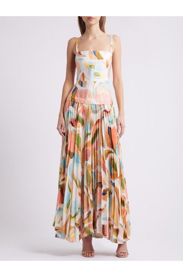 Unique Abstract Print Open Back Pleated Maxi Dress
