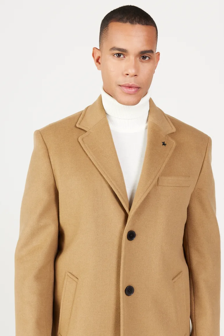 Men's Camel Standard Fit Regular Cut Mono Collar Woolen Coat - 2