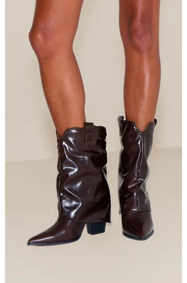 Chestnut PU Point Toe Fold Over Western Heeled Ankle Boots