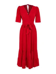 Red Belted Woven Double Breasted Collar Back Detailed Midi Woven Dress - 6