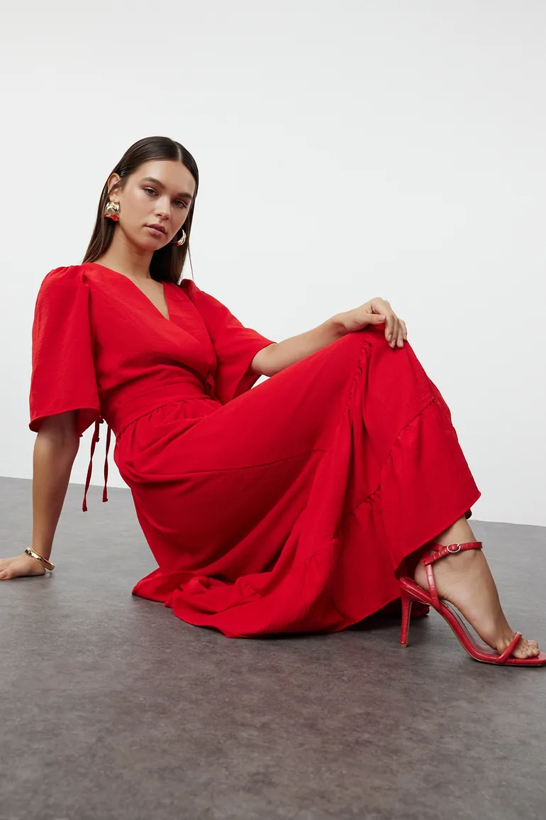 Red Belted Woven Double Breasted Collar Back Detailed Midi Woven Dress - 2