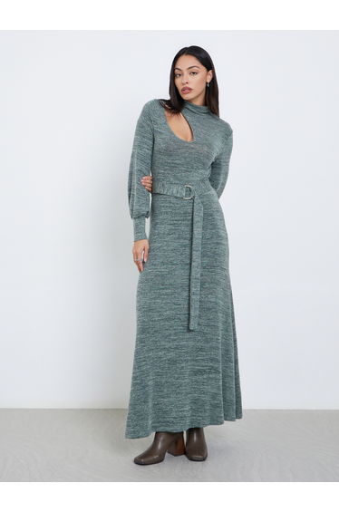 Teal Cut-Out Detail Belted Sweater Maxi Dress