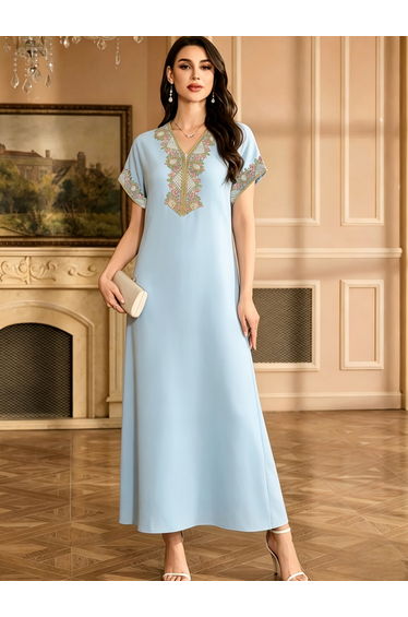 Light Blue Printed V Neck Jalabiya