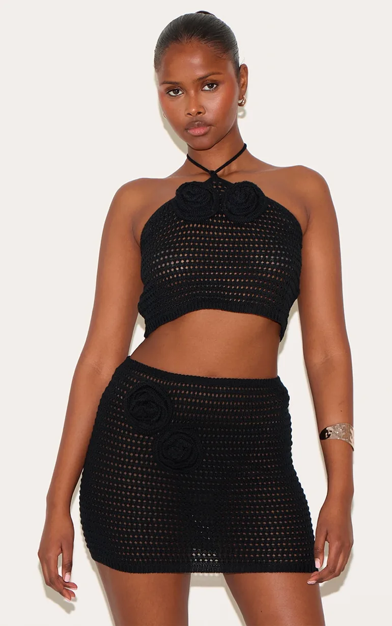 Black Tie Neck Flower Applique Top - 1