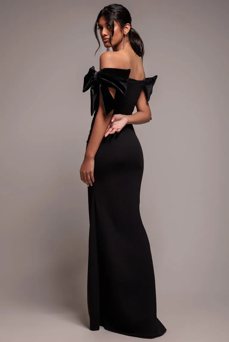 Scuba Off The Shoulder Velvet Bow Maxi Dress - Black by Goddiva - 1