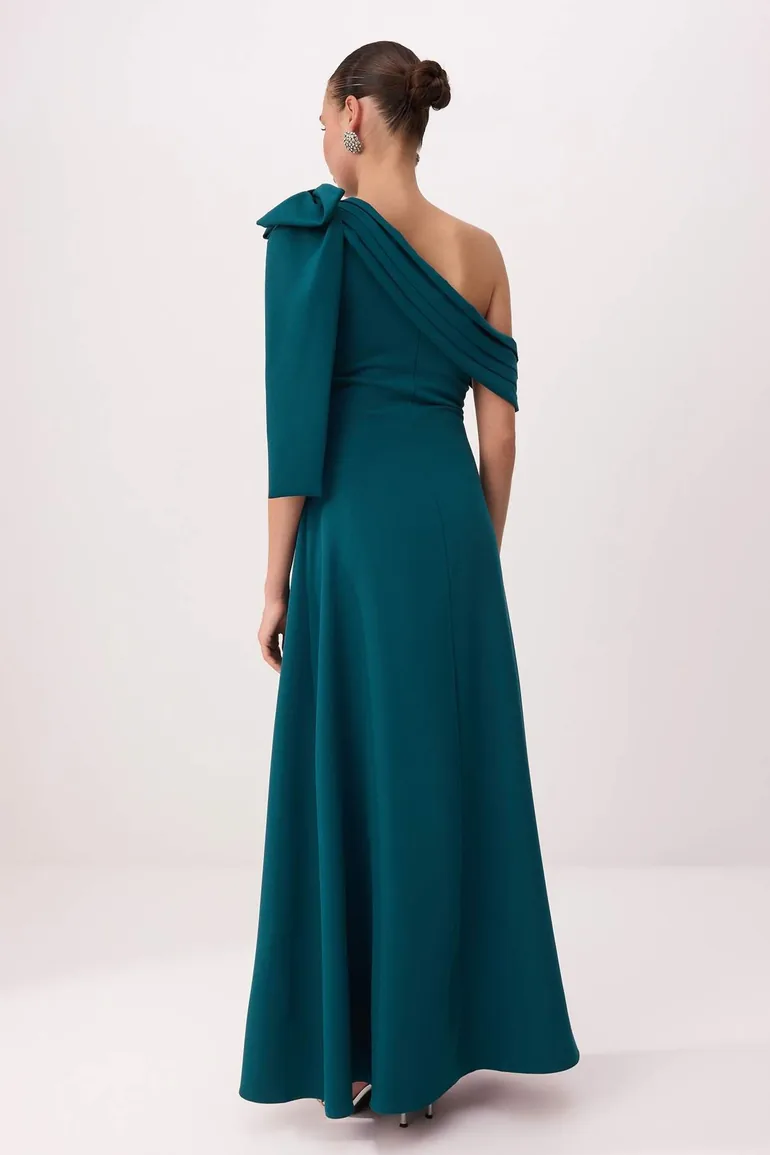 Petrol Bow Detailed Woven Maxi Evening Dress & Graduation Gown - 3