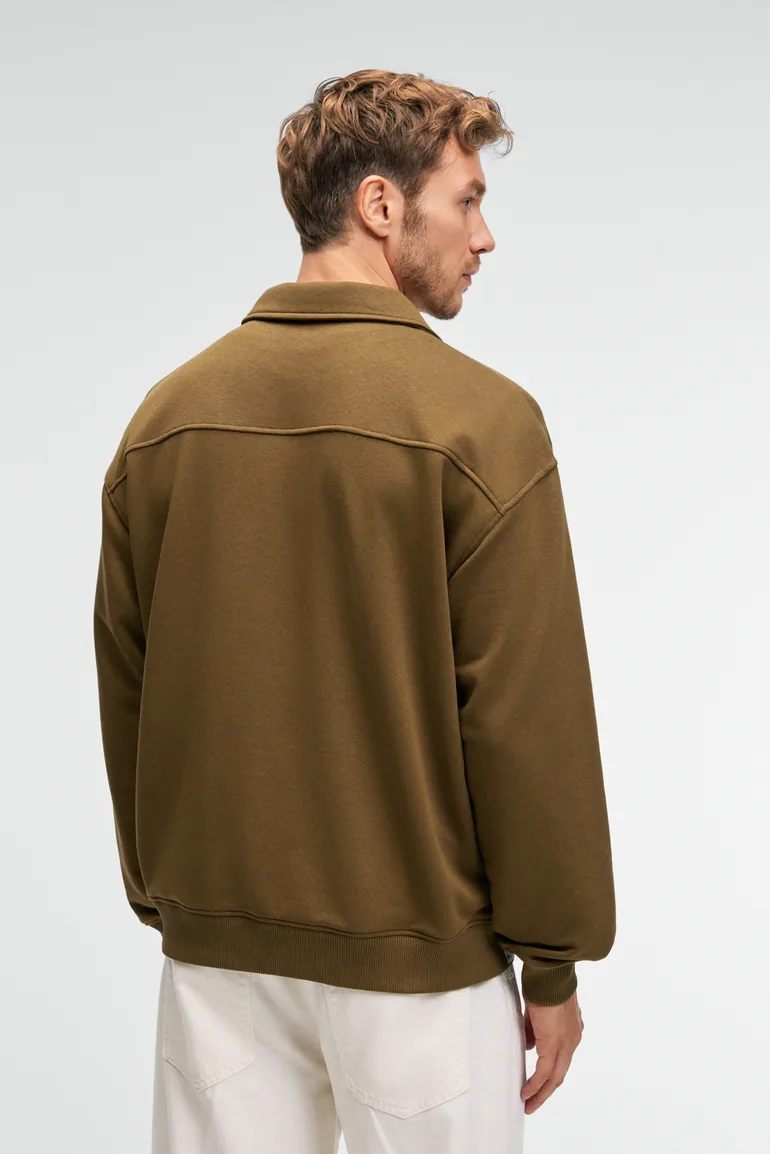 GRIMELANGE AUGUST Men's 100% Cotton Half-Zip Collar Pocket Decorative Label Khaki Sweatshirt - 5