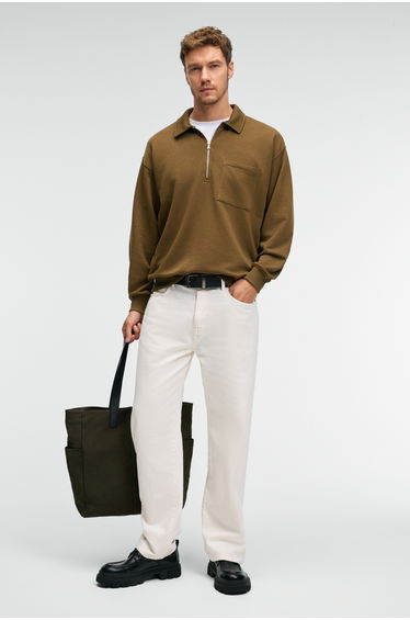 GRIMELANGE AUGUST Men's 100% Cotton Half-Zip Collar Pocket Decorative Label Khaki Sweatshirt