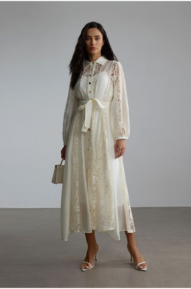 Serena Shirt Collar Sheer Lace Midi Dress