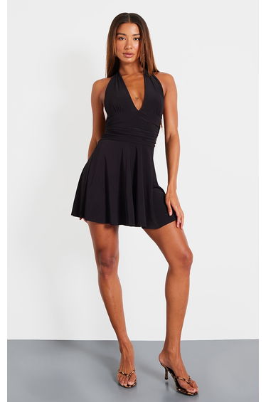 Black Double Layer Slinky Halter Neck Tie Back Shift Dress