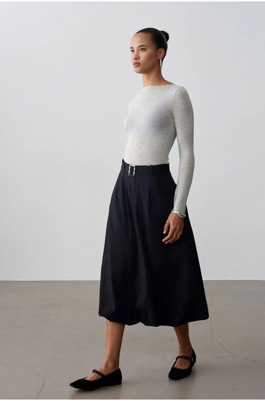 DILVIN High-waist Belted Midi Balloon Skirt