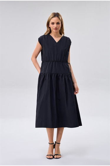 Drawstring Waist Tiered Midi Dress