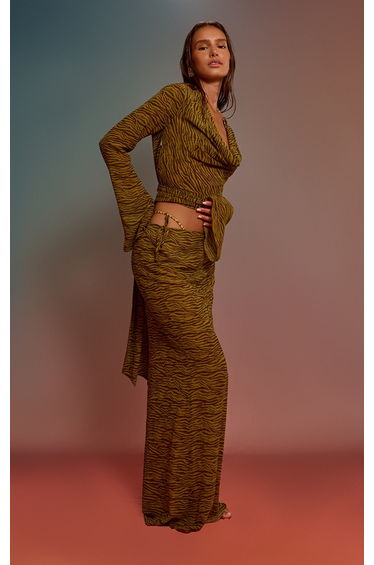 Olive Zebra Printed Chiffon Low Rise Maxi Skirt