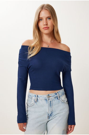 Women's Navy Blue Gathered Boat Neck Crop Blouse