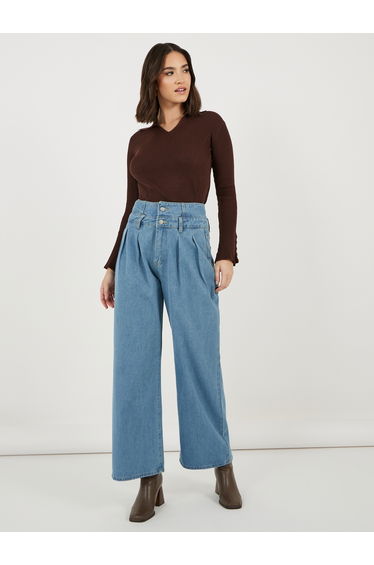 High Rise Double Waistband Pleated Wide Leg Jeans