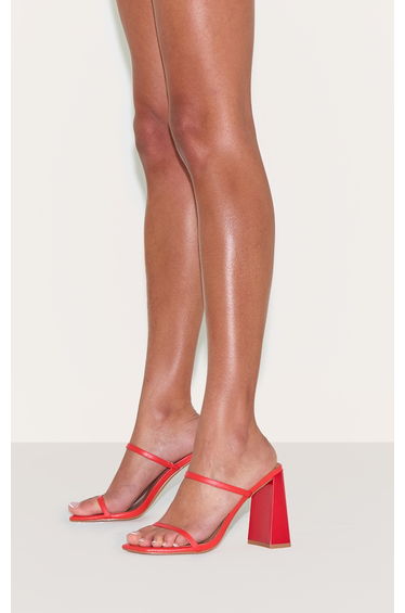 Red Pu Square Toe Double Strap High Block Heel Mules