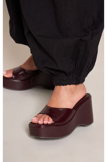 Burgundy Crinkle Patent Mule Wedges