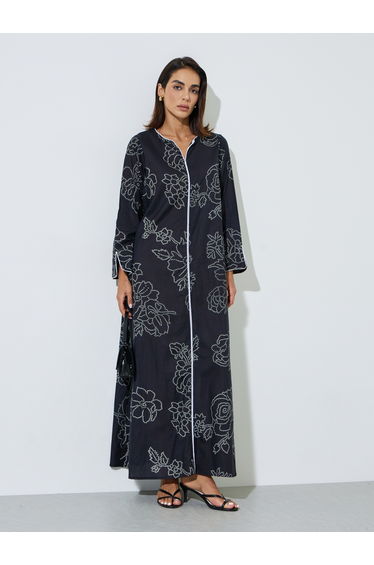 Black All Over Print Contrast Trim Maxi Jalabiya