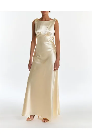 Natalie Butter Yellow Cowl-Back Maxi Dress