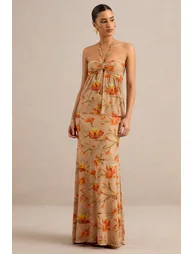 Flaviah | Orange Floral Print Mesh Maxi Skirt - 4