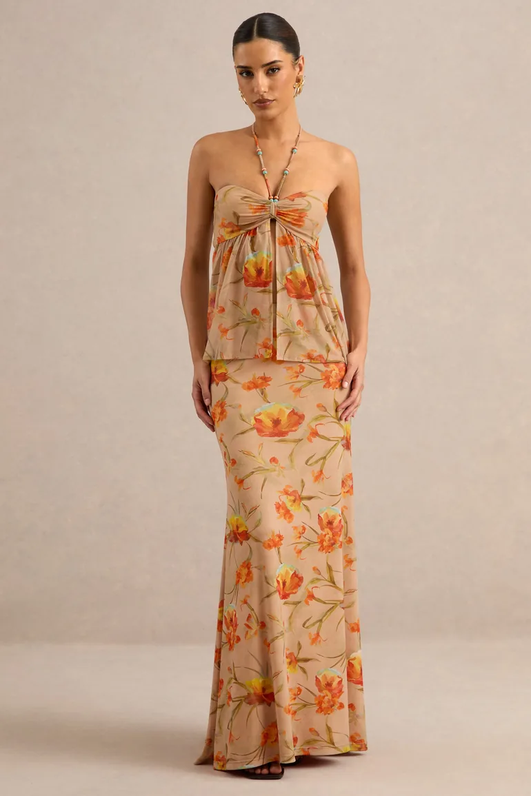 Flaviah | Orange Floral Print Mesh Maxi Skirt - 2