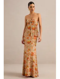Flaviah | Orange Floral Print Mesh Maxi Skirt