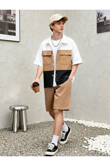 Men Color Block Pocket Detail Shirt and Shorts Co-ords